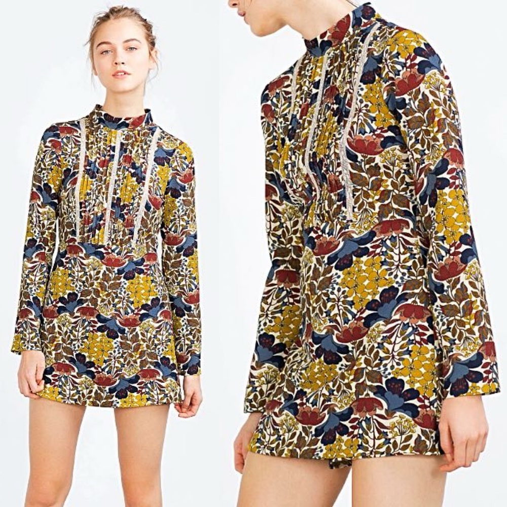 Zara Retro Floral Print Long Sleeve Playsuit Romper Dress Sz M